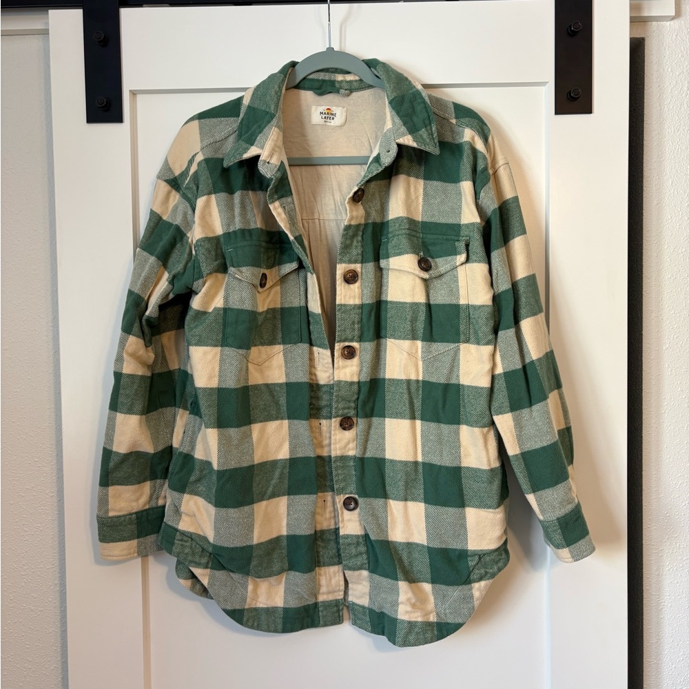 Marine Layer Green and Cream Plaid Shirt